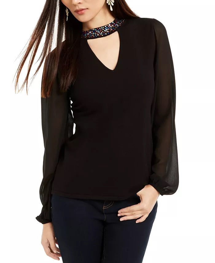 INC International Concepts Women's Embellished Choker Sweater Black Size X-Small