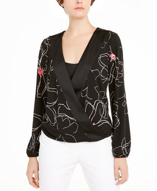 Alfani Women's Printed Surplice-Neck Blouse Black Size Small
