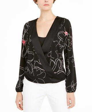 Alfani Women's Printed Surplice-Neck Blouse Black Size Medium