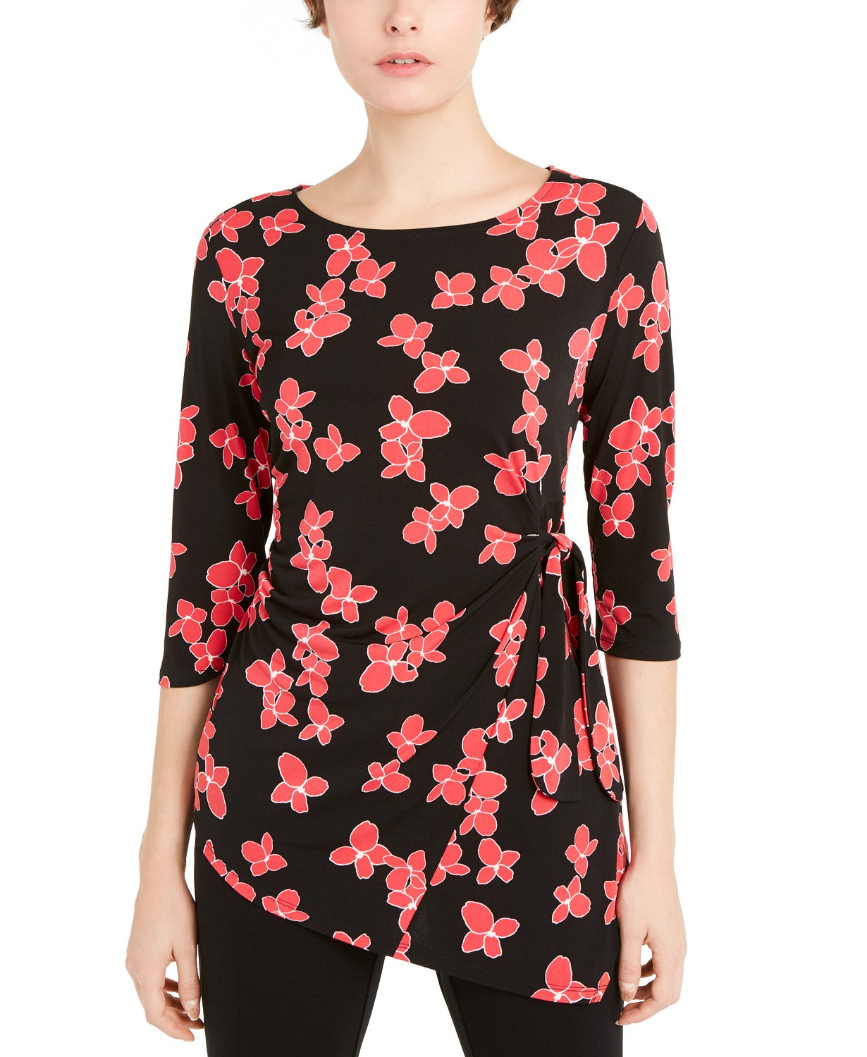 Alfani Women's Petite Floral-Print Side-Tie Top  Black Size Large