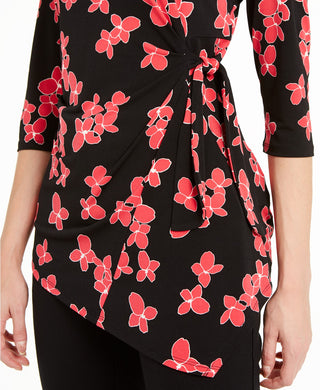 Alfani Women's Petite Floral-Print Side-Tie Top  Black Size Large