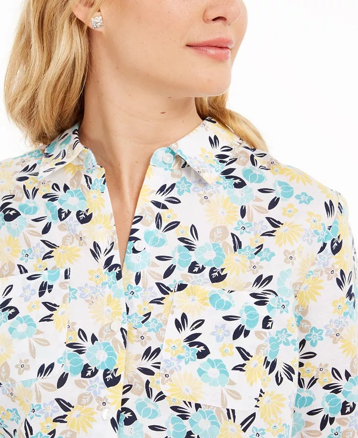 Charter Club Women's Cotton Floral-Print Shirt White Size Extra Large
