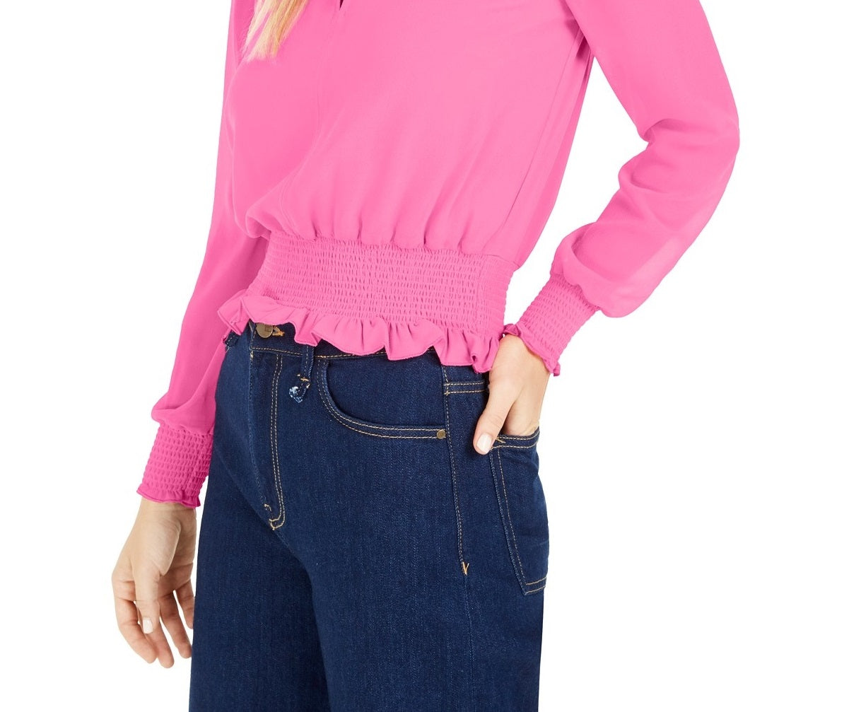 Bar III Women's Sheer-Sleeve Smocked-Waist Top Becca Pink Size Extra Small