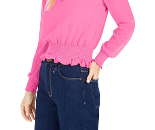 Bar III Women's Sheer-Sleeve Smocked-Waist Top Becca Pink Size Extra Small