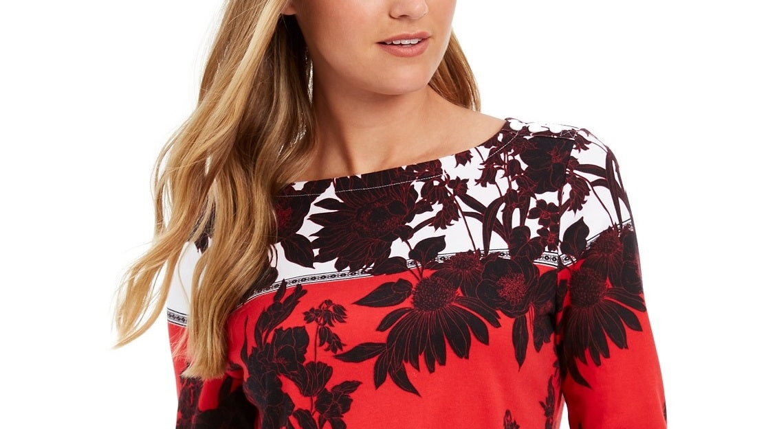 Charter Club Women's Pima Cotton Printed Colorblocked Top Red Size Medium