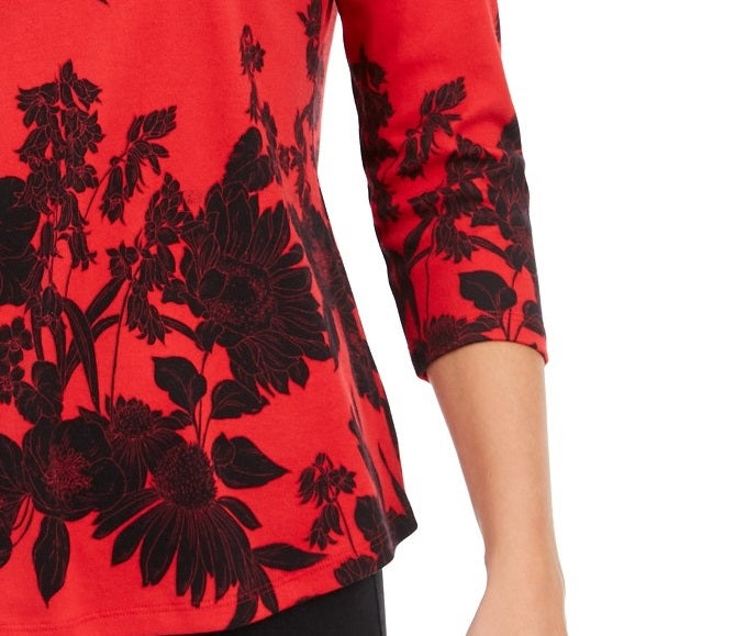 Charter Club Women's Pima Cotton Printed Colorblocked Top Red Size Medium