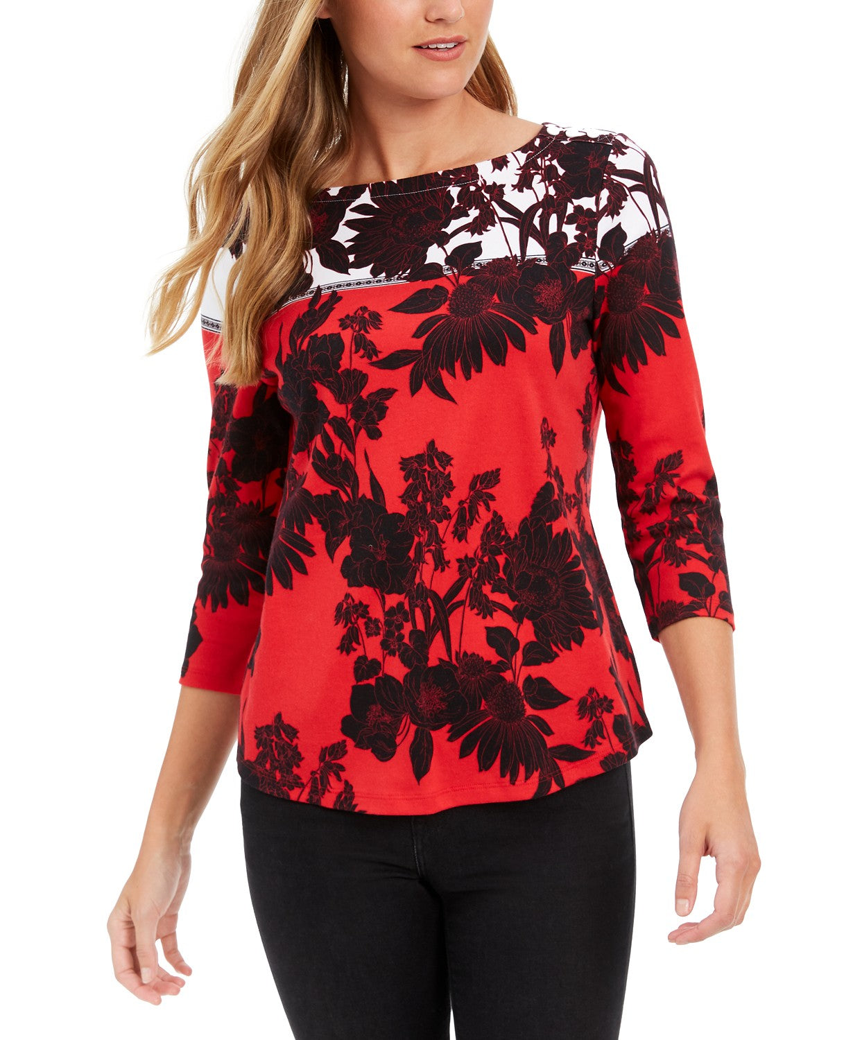 Charter Club Women's Pima Cotton Printed Colorblocked Top Red Size Extra Large