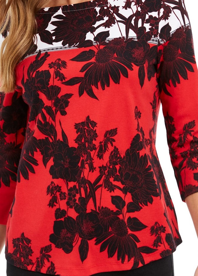 Charter Club Women's Pima Cotton Printed Colorblocked Top Red Size Extra Large