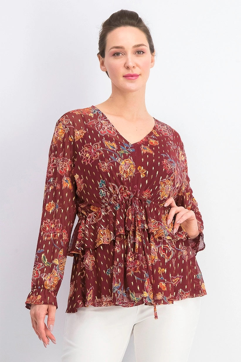 Style & Co Women's Printed Drawstring-Waist Top  Dark Red Size Extra Small