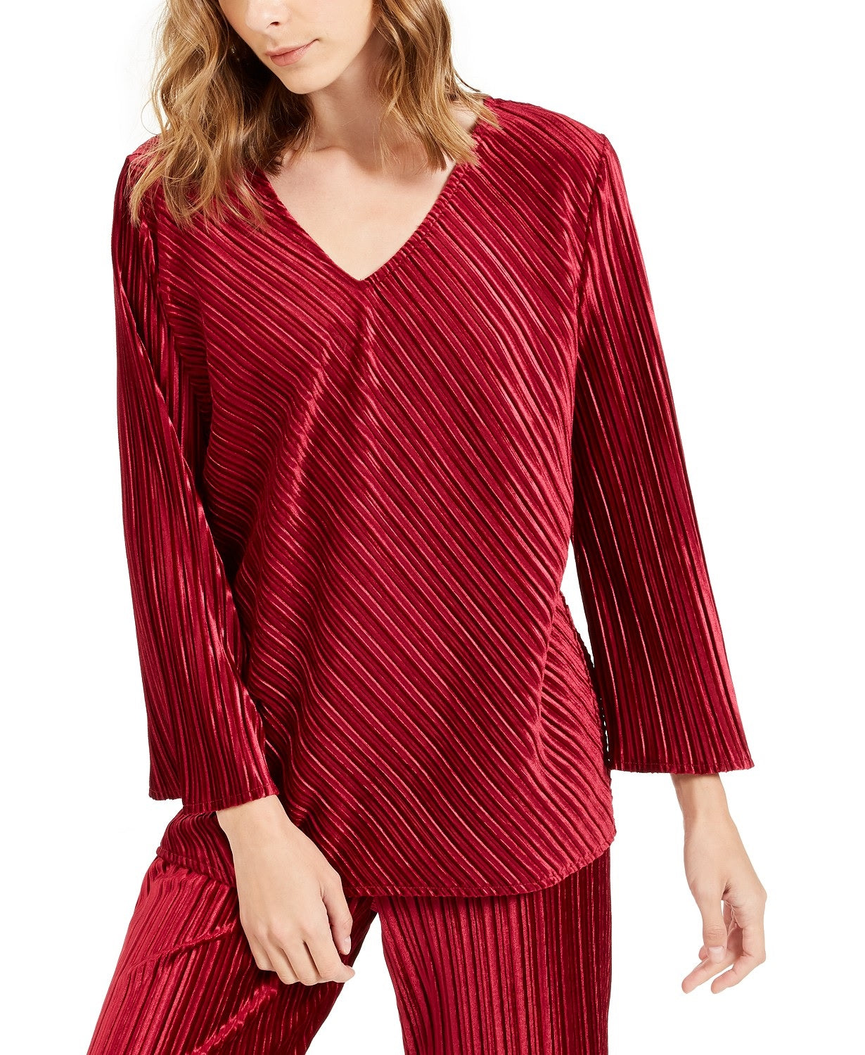Alfani Women's V-Neck Ribbed Velvet Top Maroon Size X-Large