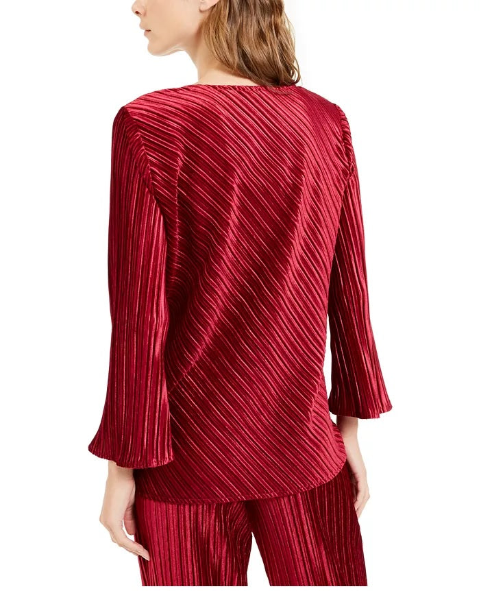 Alfani Women's V-Neck Ribbed Velvet Top Maroon Size X-Large