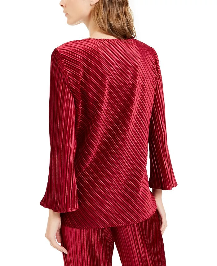 Alfani Women's V-Neck Ribbed Velvet Top Red Size Small