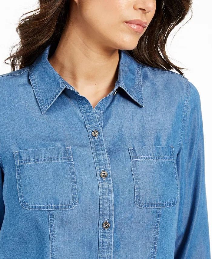 Charter Club Women's Chambray Shirt Blue Size Large