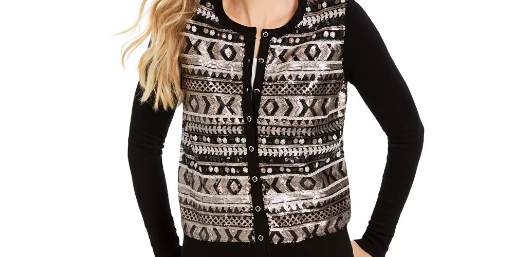 Charter Club Women's Sequined Fair Isle Cardigan Black Size X-Large