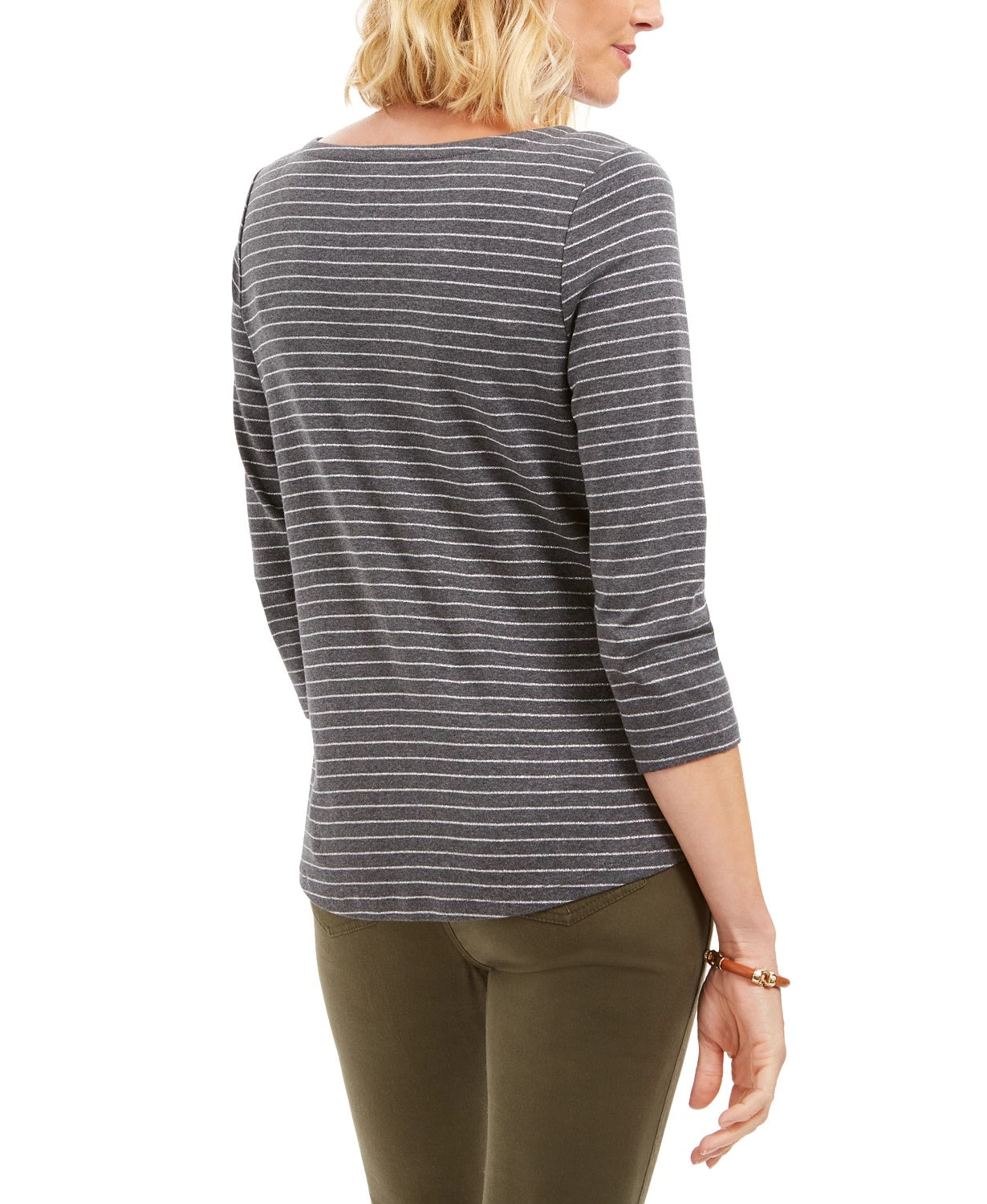 Charter Club Women's Metallic Striped Top Dark Gray Size Petite Small