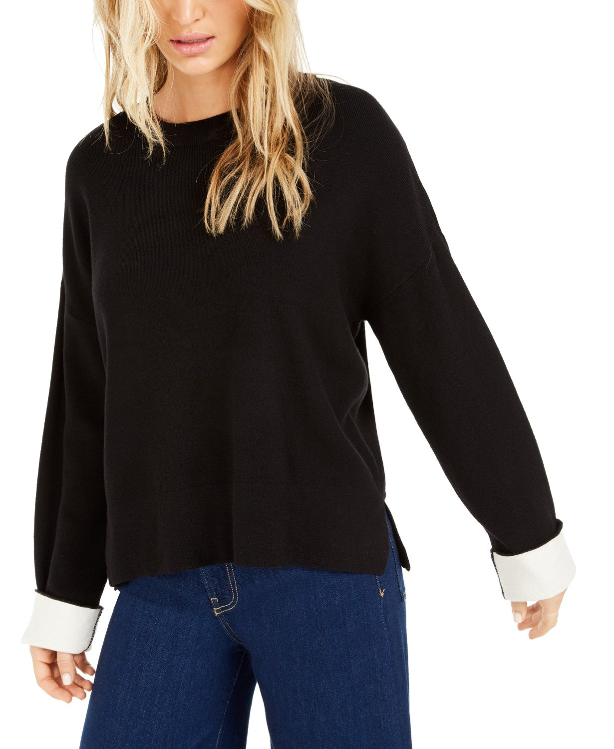 Bar III Women's Contrast-Cuff Crewneck Sweater Black Size Small