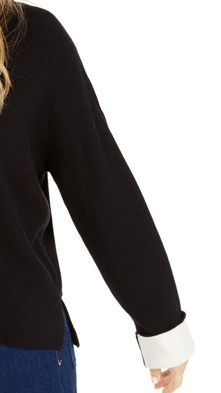 Bar III Women's Contrast-Cuff Crewneck Sweater Black Size Small