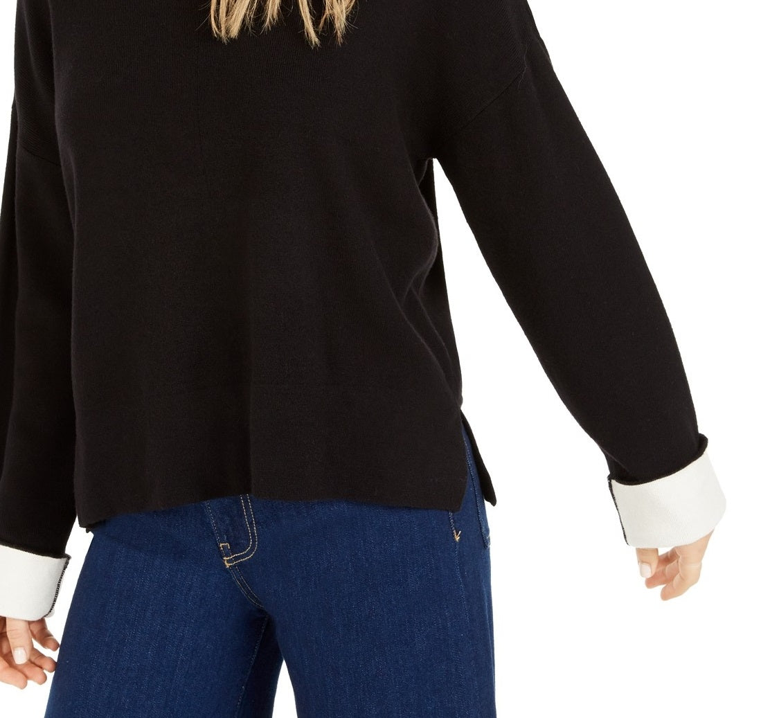 Bar III Women's Contrast-Cuff Crewneck Sweater  Black Size 2 Extra Large