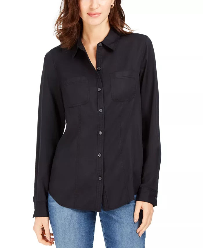 Charter Club Women's Woven Solid Tencel Shirt Black Size Extra Large