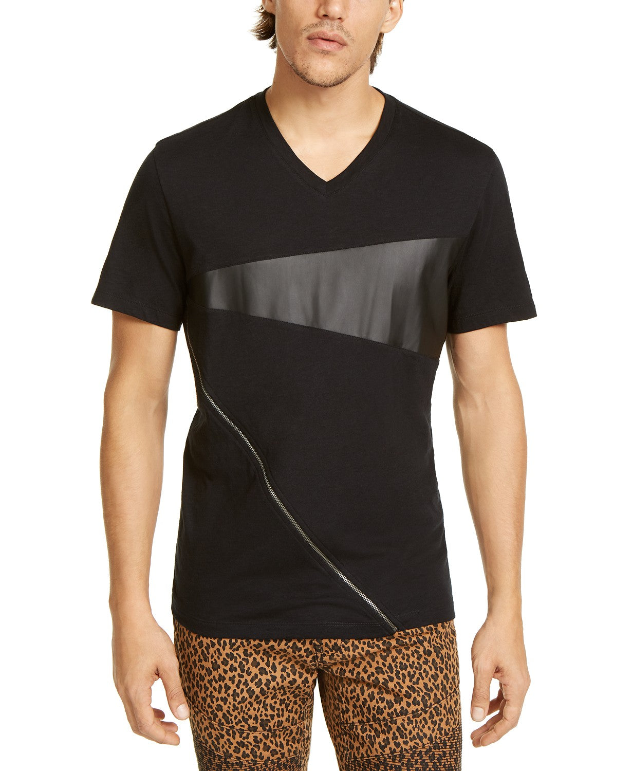 INC International Concepts Men's Zipper V-Neck T-Shirt With Faux-Leather Piecing Black Size XX-Large