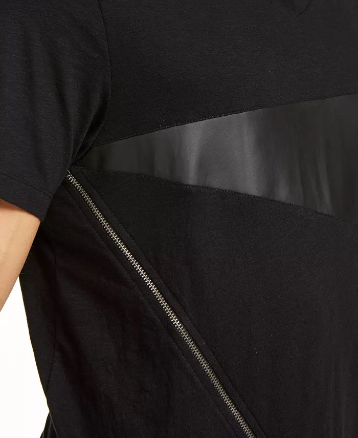 INC International Concepts Men's Zipper V-Neck T-Shirt With Faux-Leather Piecing Black Size Small