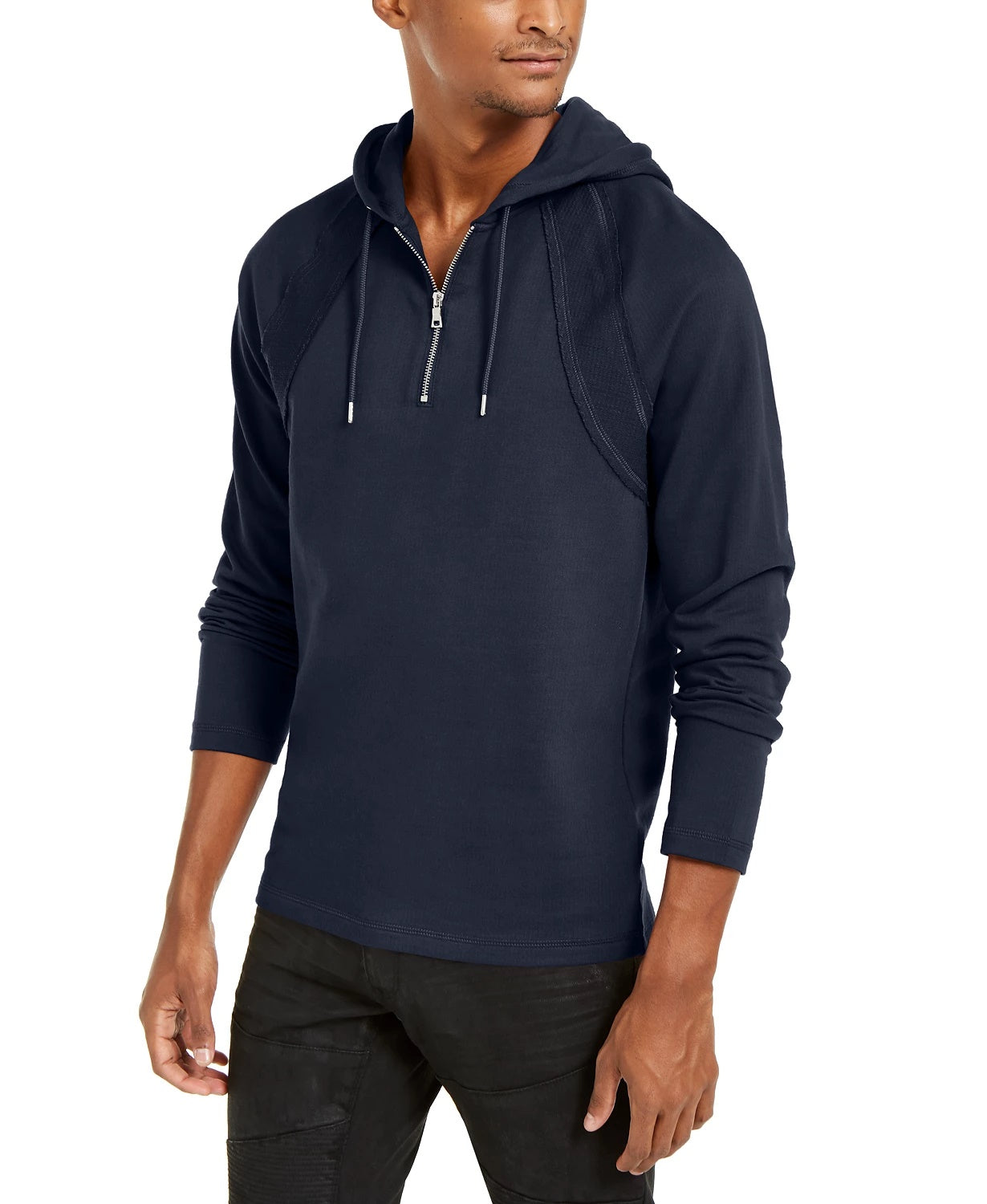 INC International Concepts Men's Pieced Quarter-Zip Hoodie Dark Blue Size XXX Large