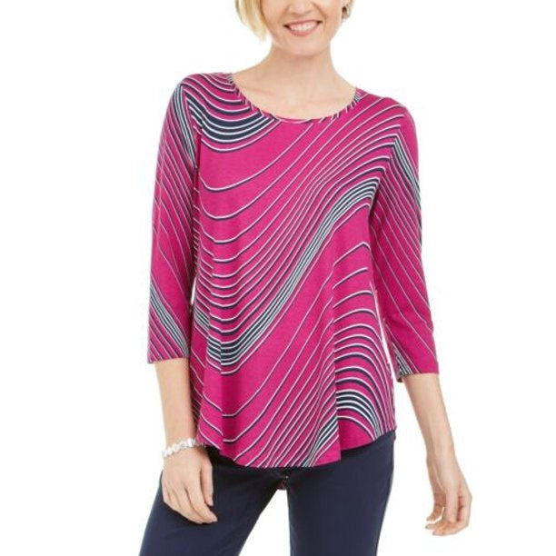 JM Collection Women's Swirl-Print 3/4-Sleeve T-Shirt Pink Size Medium