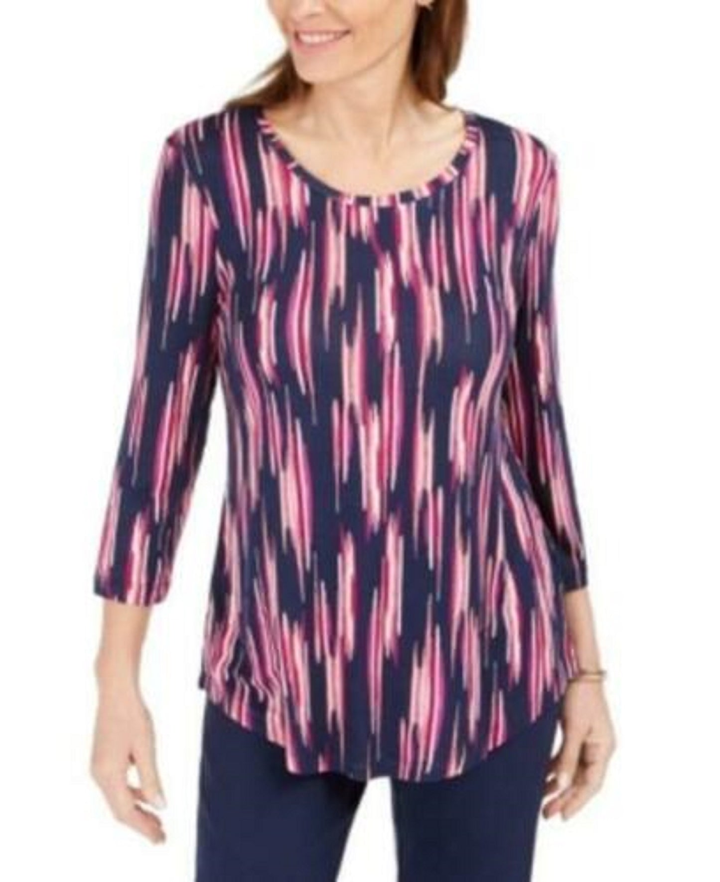 JM Collection Women's Printed 3/4-Sleeve T-Shirt  Pink Size Small