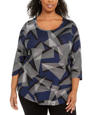JM Collection Women's Plus Size Scoop-Neck Printed Top Blue Size X-Large