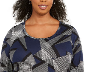 JM Collection Women's Plus Size Scoop-Neck Printed Top Blue Size X-Large