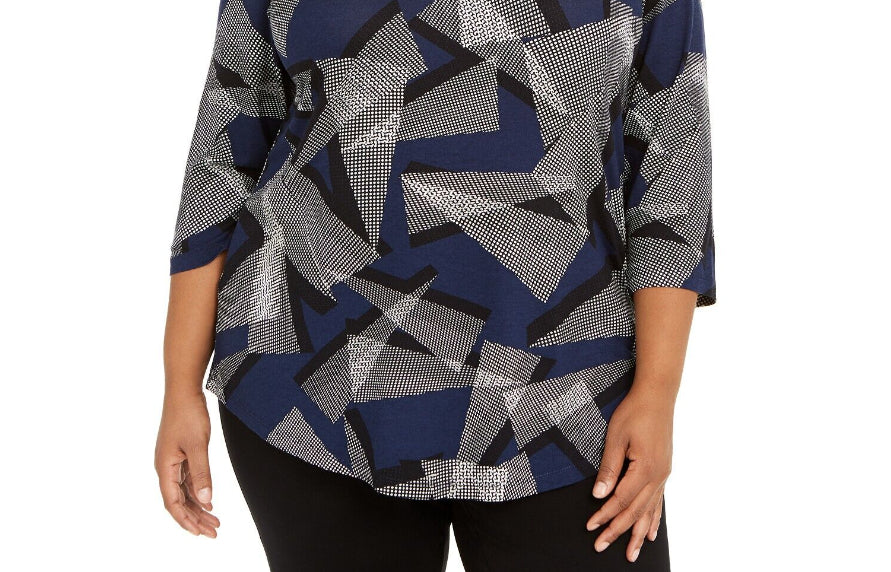 JM Collection Women's Plus Size Scoop-Neck Printed Top Blue Size 2 Extra-Large