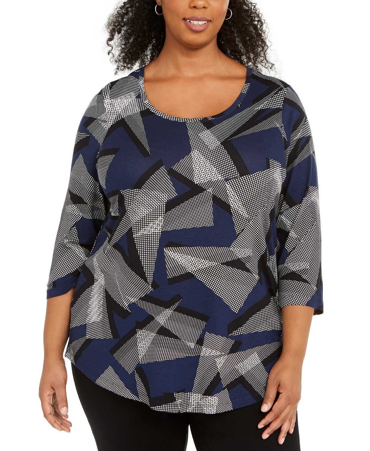 JM Collection Women's Plus Size Scoop-Neck Printed Top Blue Size 0X