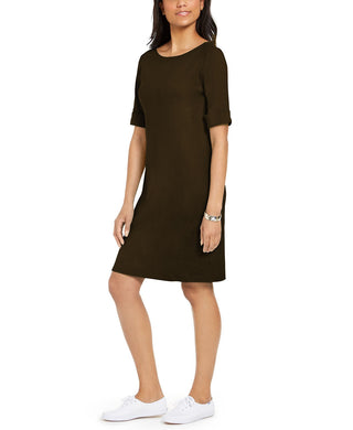 Karen Scott Women's Cotton Cuffed-Sleeve Dress Brown Size Extra Small
