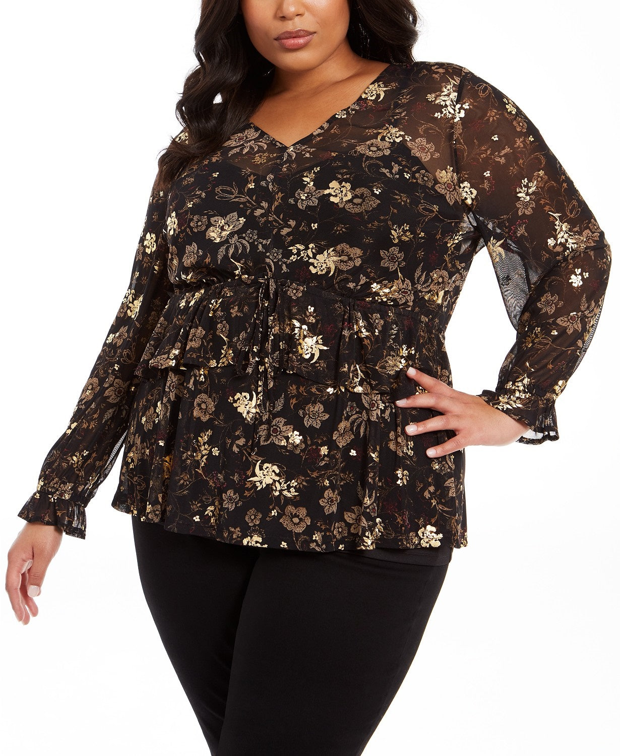 Style & Co Women's Plus Size Floral-Print Ruffled Top Black Size Extra Large
