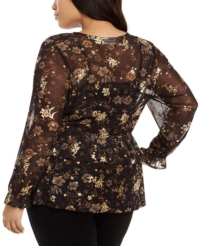 Style & Co Women's Plus Size Floral-Print Ruffled Top Black Size Extra Large