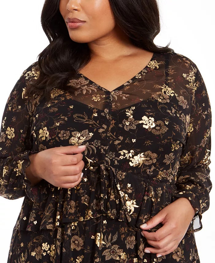 Style & Co Women's Plus Size Floral-Print Ruffled Top Black Size Extra Large
