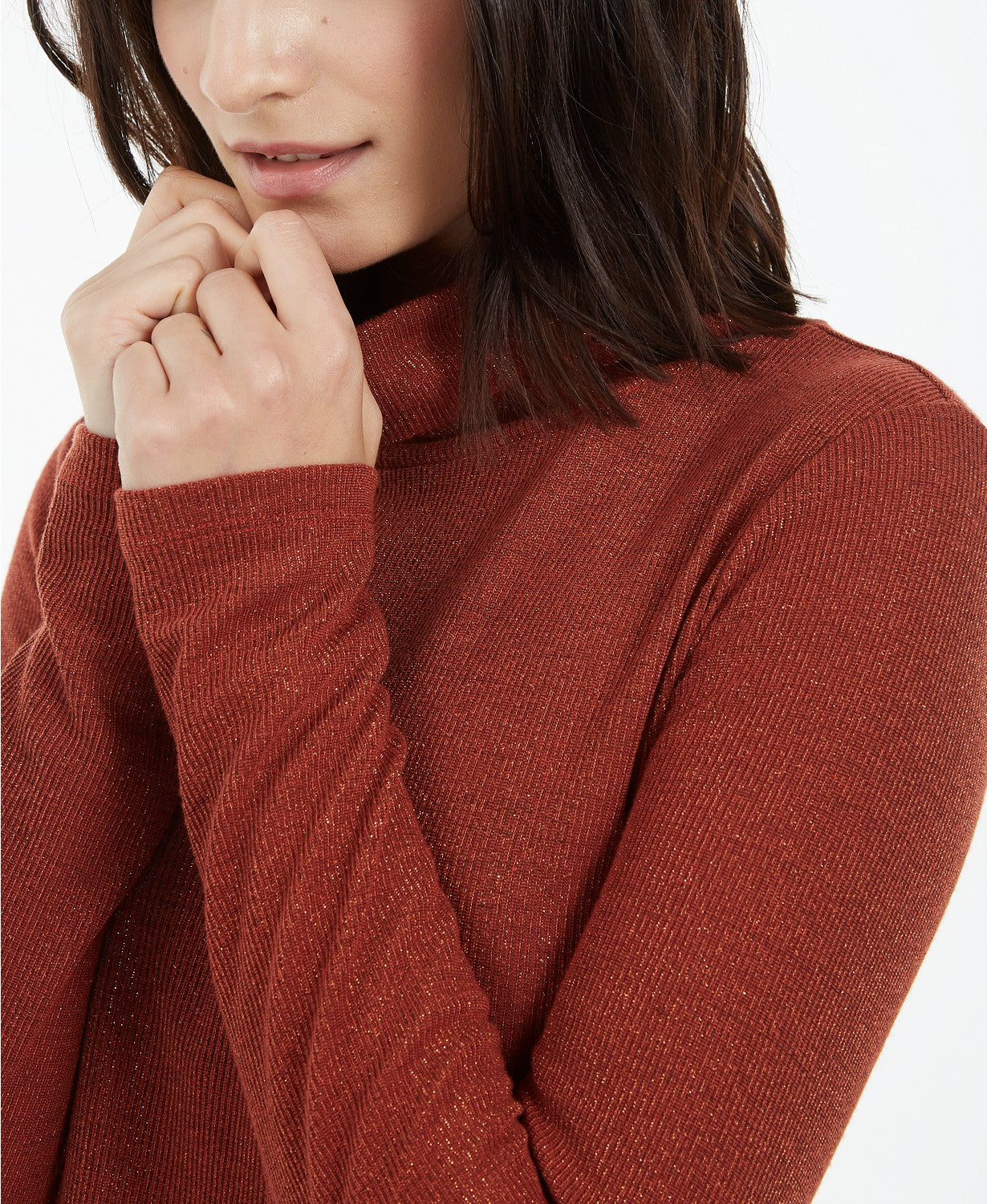 INC International Women's Metallic-Knit Turtleneck Sweater Brown Size Medium