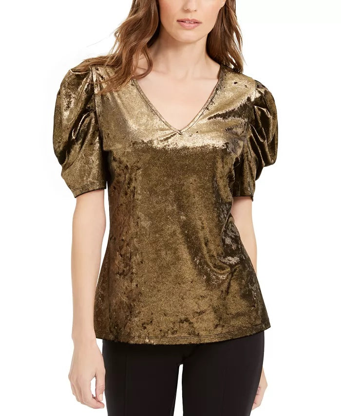 INC International Concepts Women's Velvet Puff-Sleeve Top Gold Size Medium