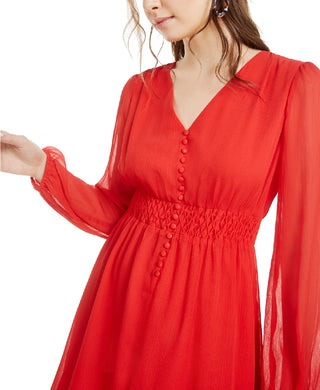 Bar III Women's Smocked-Waist Crinkle Chiffon Mini Dress Red Size Small