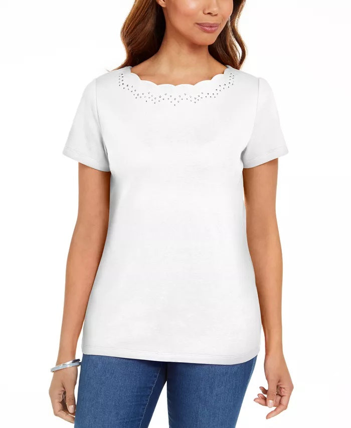 Karen Scott Women's Cotton Scalloped-Neck T-Shirt White Size Medium