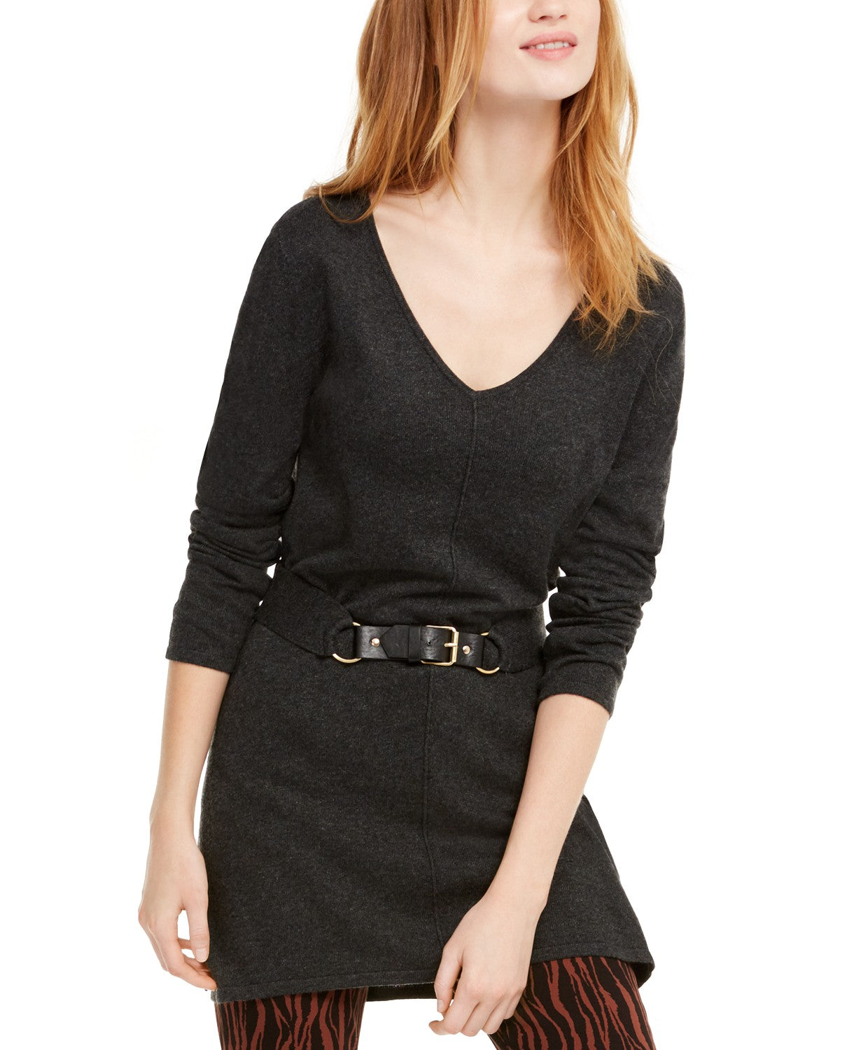 INC International Concepts Women's Belted Tunic Sweater Charcoal Size Extra Large