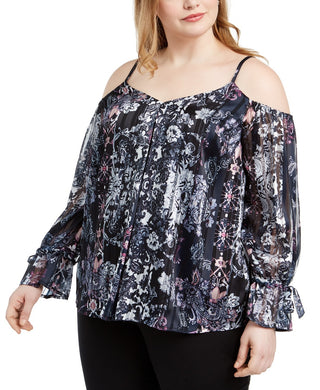 INC International Concepts Women's Plus Size Printed Cold-Shoulder Top Navy Size 2X