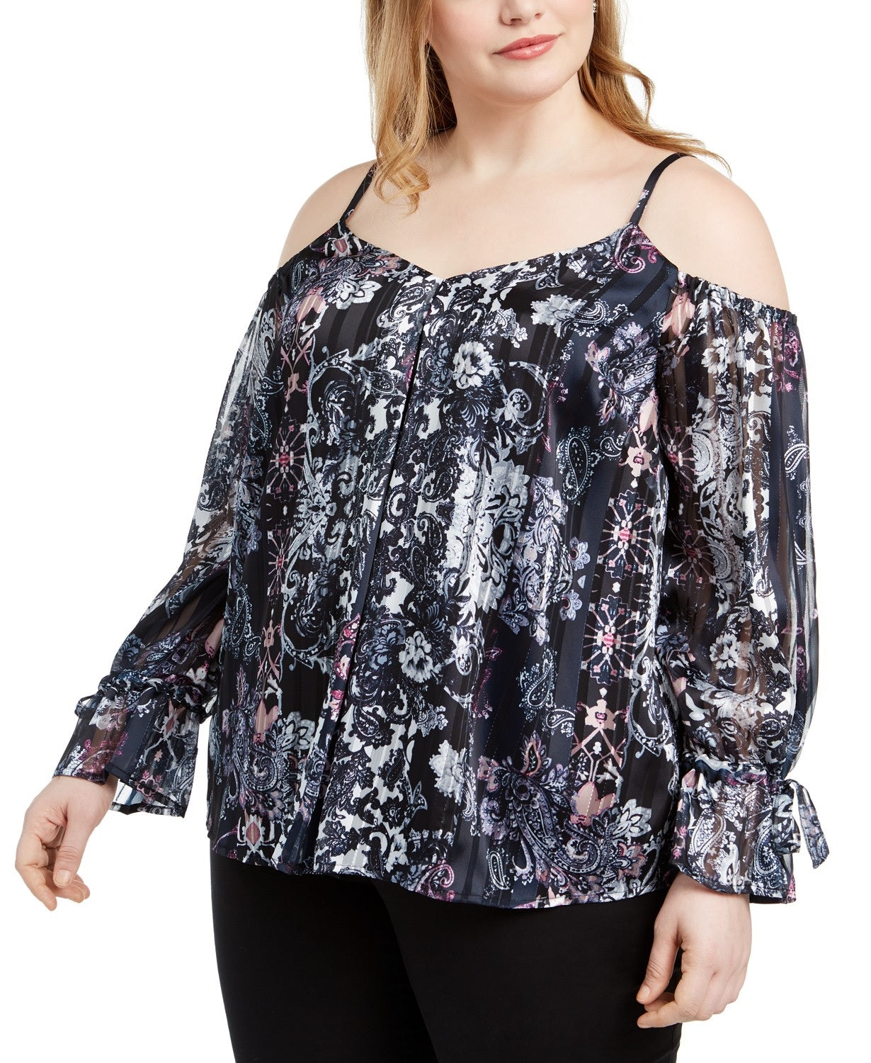 INC International Concepts  Women's Plus Size Printed Cold-Shoulder Top Navy Size 2X
