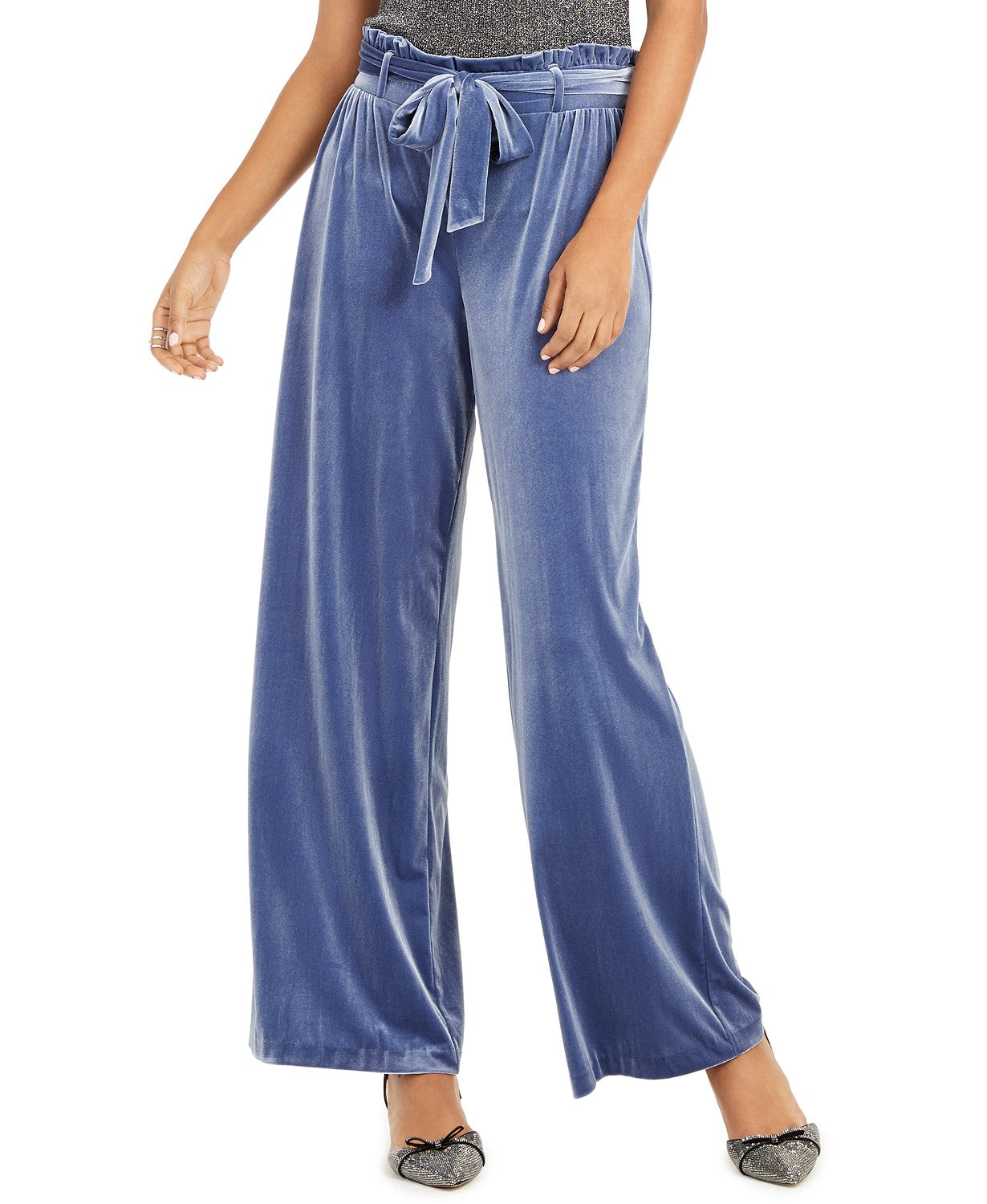 INC International Concepts Women's Velvet Wide-Leg Paperbag Pants Blue Size Extra Large