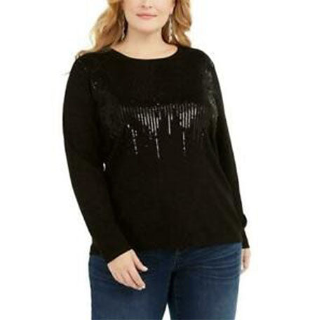 INC International Concepts Women's Plus Size Sequin Crewneck Sweater Black Size 0X