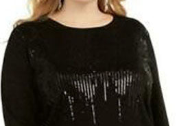 INC International Concepts Women's Plus Size Sequin Crewneck Sweater Black Size 0X