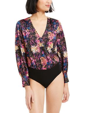 Bar III Women's Confetti Printed Surplice Bodysuit Black Size Small