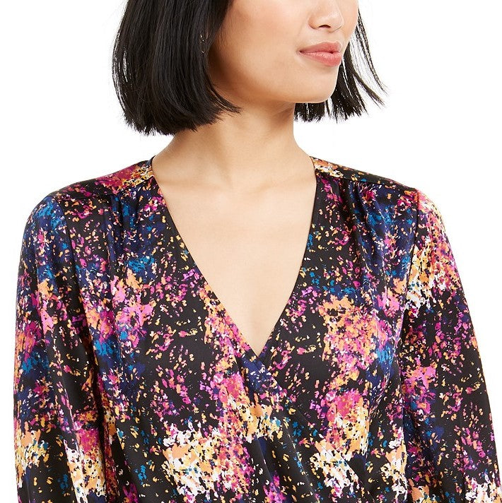 Bar III Women's Confetti Printed Surplice Bodysuit Black Size Small