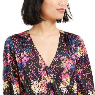 Bar III Women's Confetti Printed Surplice Bodysuit Black Size Small