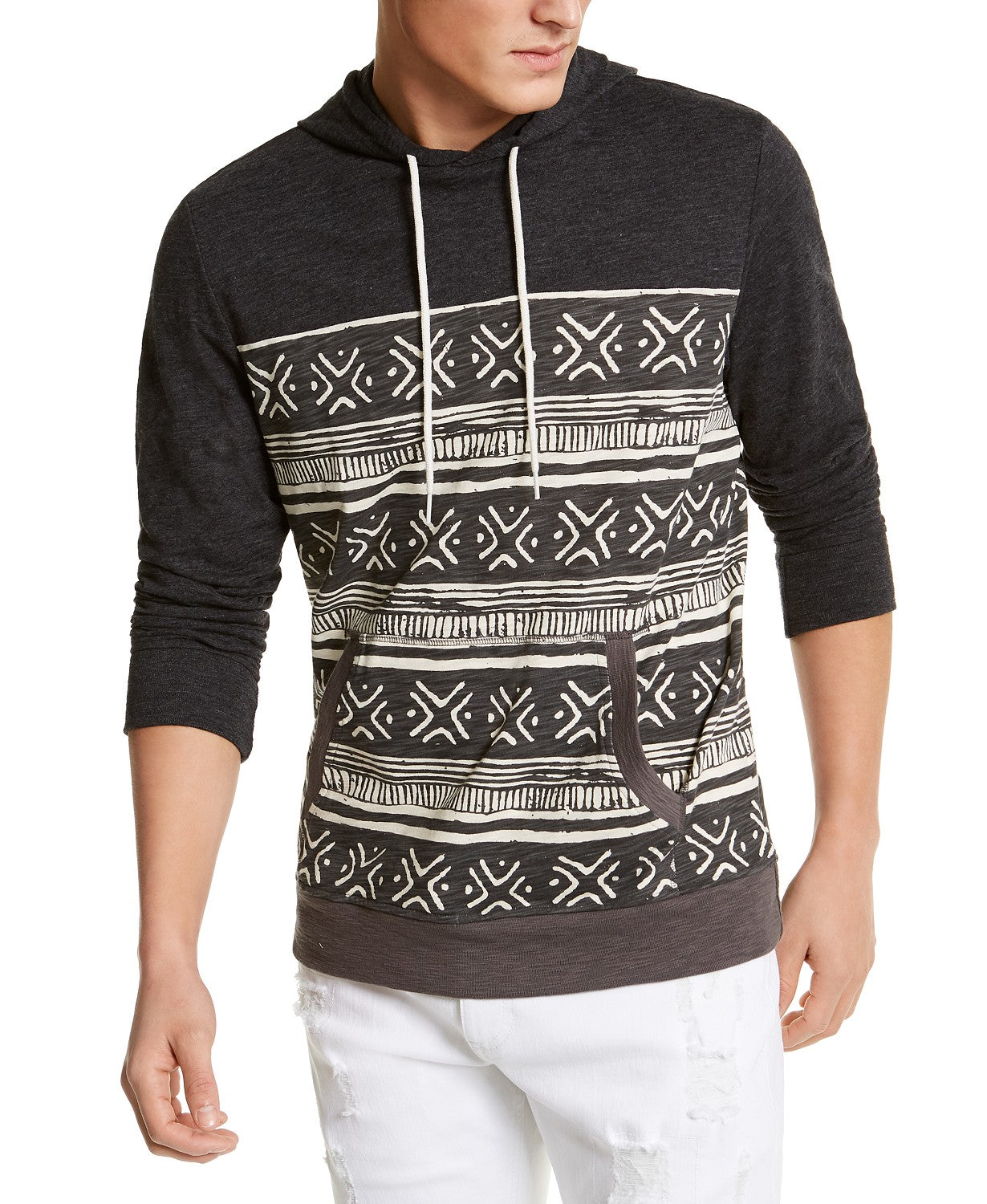 Sun + Stone Men's Striped Printed Hoodie Black Size Small